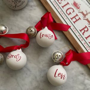 Personalised Red Name on White Ceramic Christmas Bauble