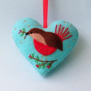 Embroidered Christmas Robin Felt Heart Ornament