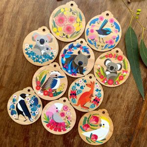 Bright Australian Animals and Flowers Wooden Christmas Decorations Set of 10