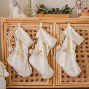 Personalised White & Gold Velvet Pom Pom Christmas Stockings