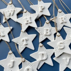 Personalised White Initial Embossed Clay Star Christmas Ornament