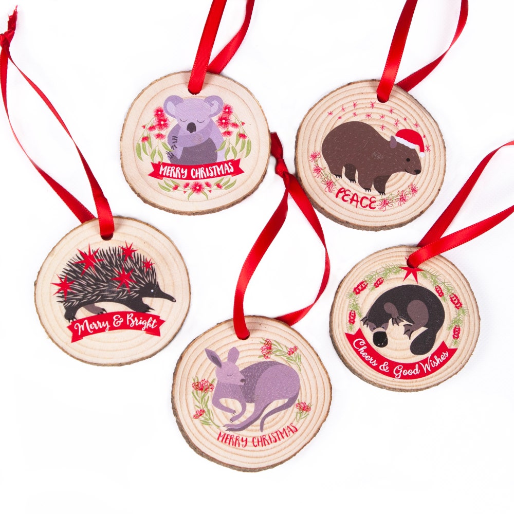 Festive Australian Animals Wood Slice Christmas Ornaments Set of 5