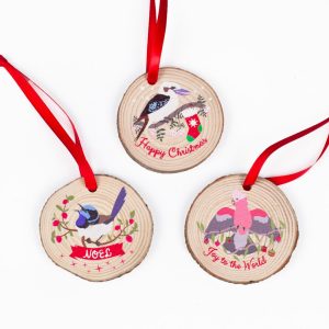 Australian Birds Wood Slice Christmas Ornaments Set of 3 - Kookaburra, Wren and Galah