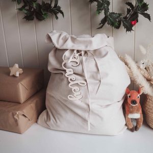 Beige Linen Santa Sack With Wooden Name Tag