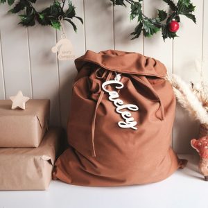 Brown Linen Santa Sack With Wooden Name Tag