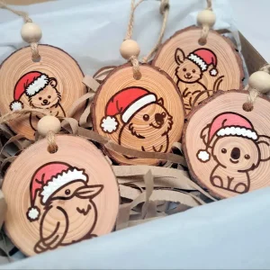 Handpainted Australian Animals in Santa Hats Wood Slice Christmas Ornaments