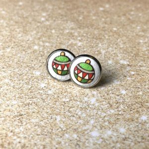 Green Christmas Bauble Print Leather Christmas Stud Earrings