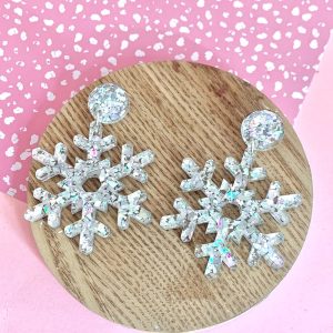 Large Sparkly Snowflake Acrylic Christmas Dangle Earrings
