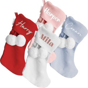 Personalised Linen Cotton Christmas Stocking with Pompoms