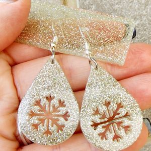 Silver Glitter Snowflake Teardrop Christmas Dangle Earrings