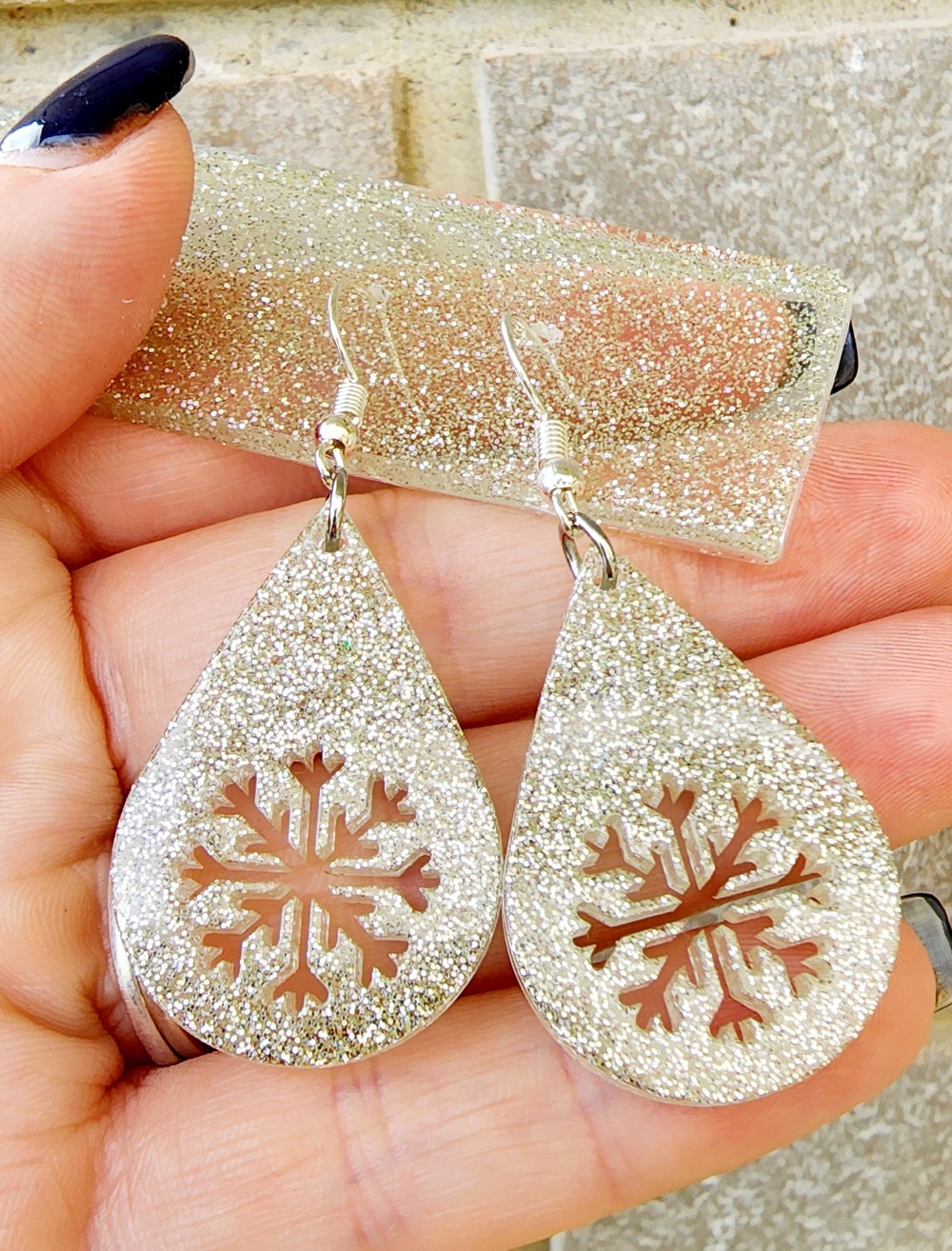 Silver Glitter Snowflake Teardrop Christmas Dangle Earrings