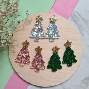 Gold Star Topped Christmas Tree Dangle Earrings in Chunky Rose Gold, Silver Holographic or Green Glitter Acrylic