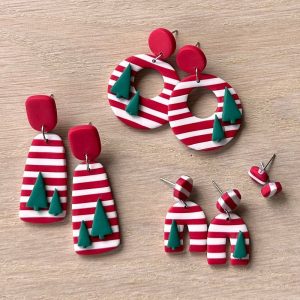 Handmade Red & White Candy Striped Christmas Earrings with Tiny Green Trees