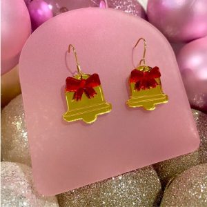 Jingle Bell Christmas Dangle Earrings in Gold Mirror Acrylic with Red Bows