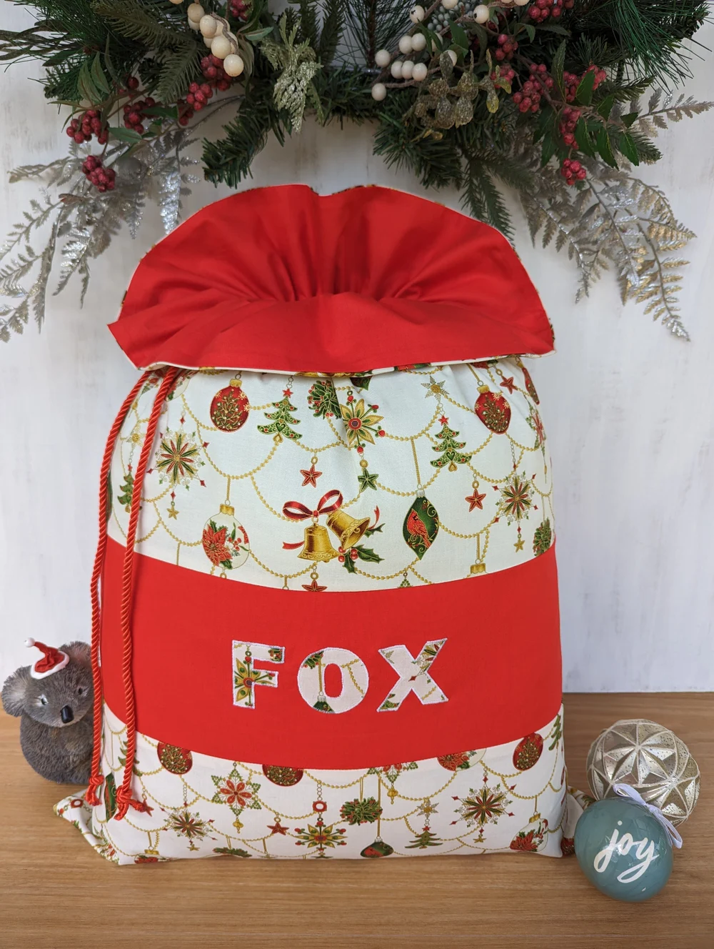Large Handmade Christmas Baubles and Bells Santa Sack in Classic Red, Green & Gold