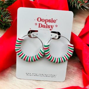 Red, Green and White Christmas Candy Earrings on Silver Hoops