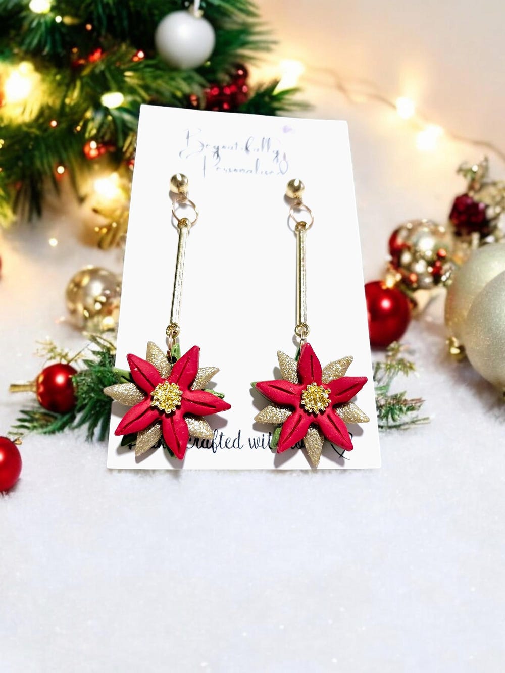 Handmade Poinsettia Christmas Dangle Earrings