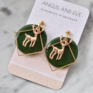 Handmade Green Circular Christmas Dangle Polymer Clay Earrings, with Reindeer Charms in Gold or Silver