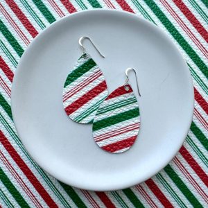Unique Red, Green & White Striped Leather Christmas Dangle Earrings