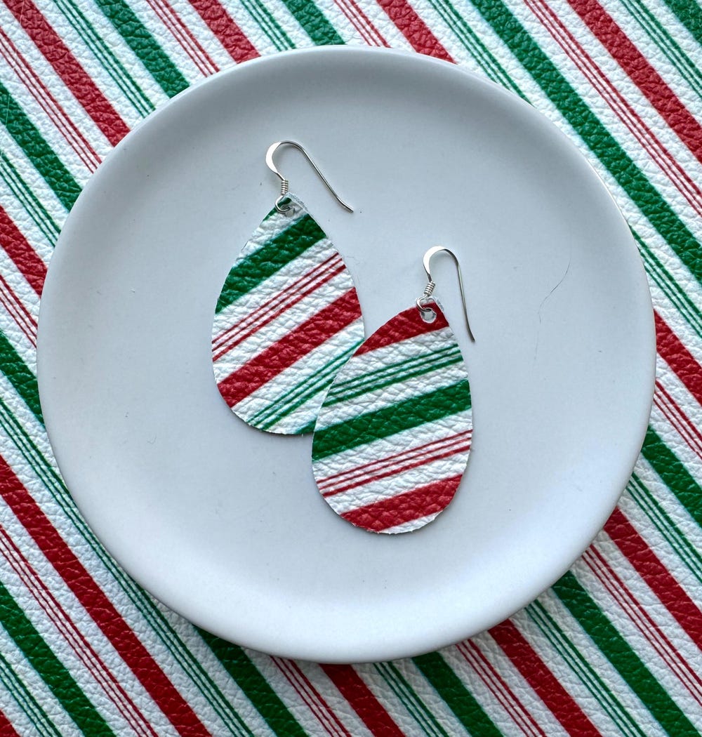 Unique Red, Green & White Striped Leather Christmas Dangle Earrings