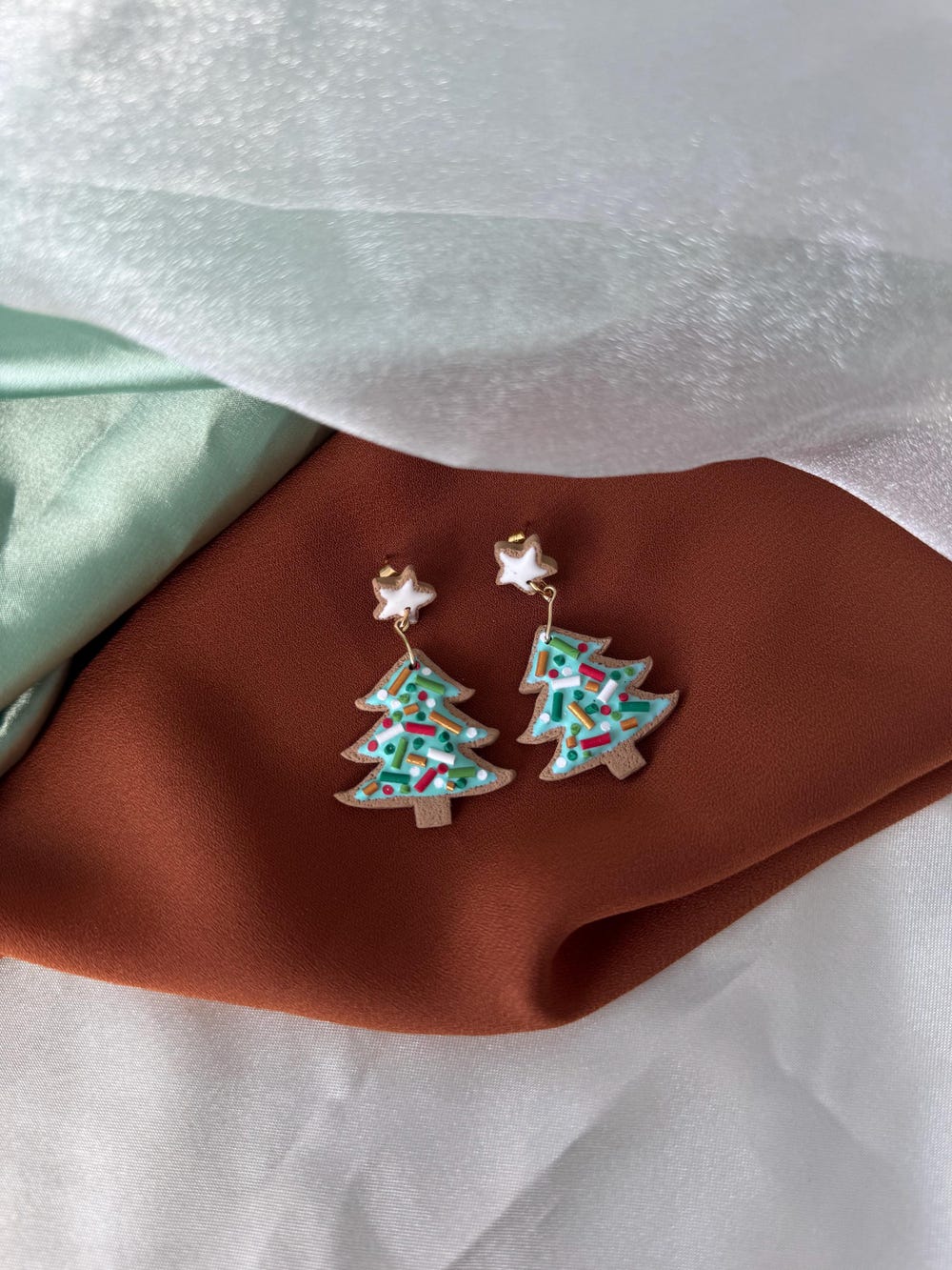 Gingerbread Christmas Tree with Star Small Dangle Earrings