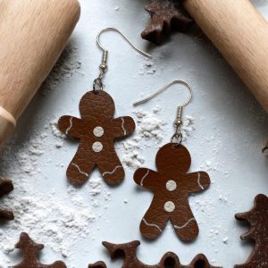 Small Gingerbread Man Dangle Christmas Earrings, Handmade Vegan Leather