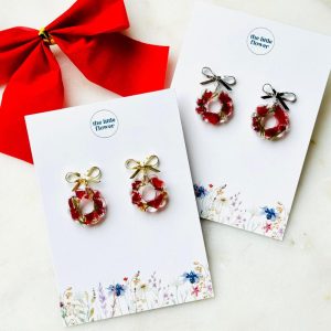 Christmas Wreath Resin Stud Earrings with Dainty Bow, in 18K Gold Plate or Silver Plated