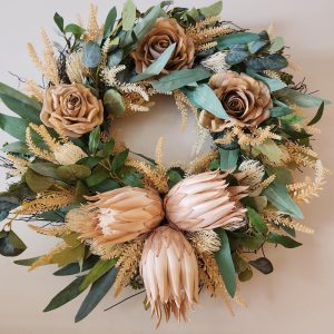 Christmas Wreath with Latte Proteas & Roses, Pincushion Proteas and Mixed Foliage - Free Aussie Delivery