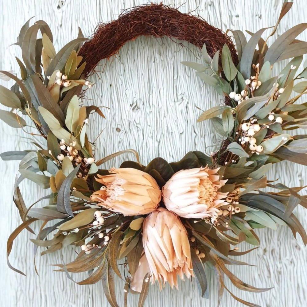Christmas Wreath with Soft Cream Latte Proteas, White Berries and Bush Foliage - Free Aussie Delivery