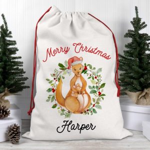 Australiana Kangaroo & Joey "Merry Christmas" Wreath Design, Personalised Santa Sack