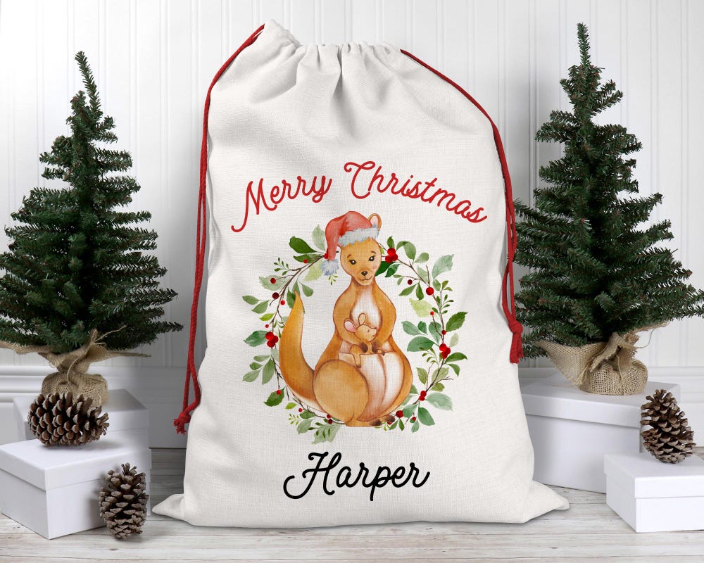 Australiana Kangaroo & Joey "Merry Christmas" Wreath Design, Personalised Santa Sack