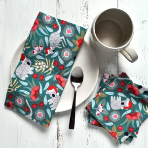 Reusable Christmas Cocktail Napkins Koala in Santa Hat Print Set of 4