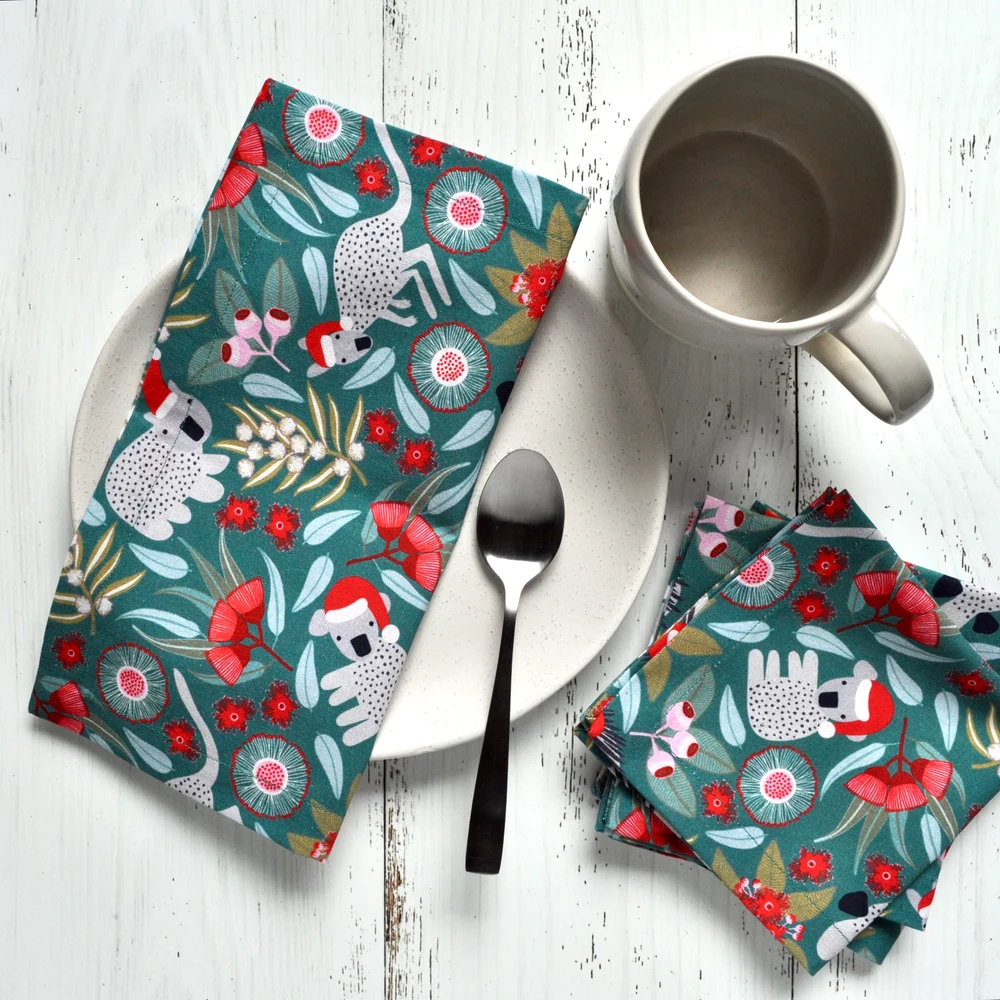 Reusable Christmas Cocktail Napkins Koala in Santa Hat Print Set of 4