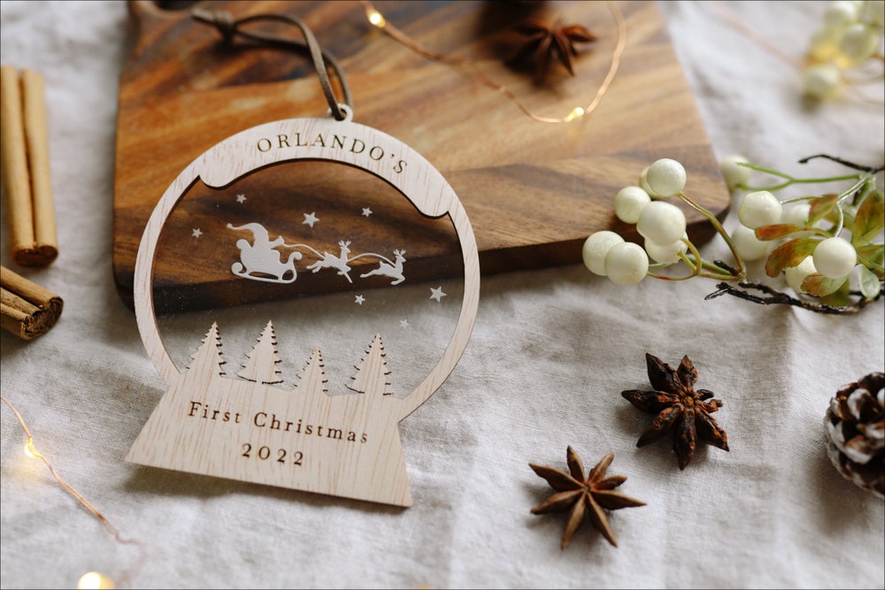 Personalised "Baby's First Christmas" Santa Sleigh Snow Globe Tree Ornament