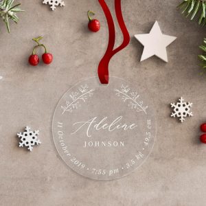 Baby's First Christmas Birth Stats Ornament Clear Engraved Acrylic