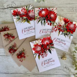 Pack of 4 Personalised "Merry Christmas" Cards with Australian Flowers