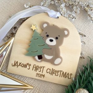 Personalised "First Christmas" Baby Ornament with Teddy & Christmas Tree in Arch Shaped Wood & Acrylic