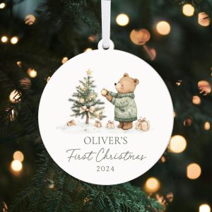 Personalised Baby's First Christmas Ornament, Bear Decorating Christmas Tree