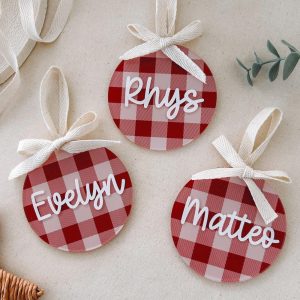 Personalised Gingham Christmas Bauble with Bow - Red or Beige