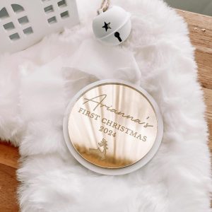 Personalised Baby's First Christmas Round Mirror Acrylic Christmas Ornament with Reindeer