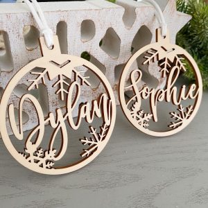 Personalised Wooden Christmas Decoration in Bauble Snowflake Cutout Design