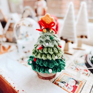 Crochet Tricolour Christmas Tree Table Decor, with Star, Bow, Bells & Baubles