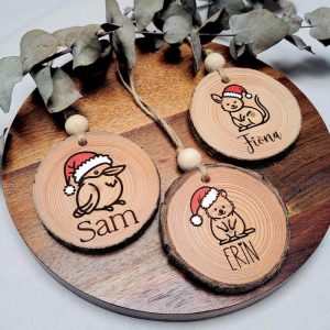 Personalised Rustic Wooden Christmas Decorations Australian Animals in Santa Hats