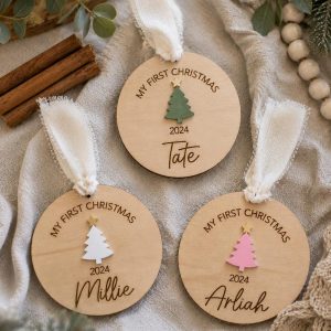 Personalised "My First Christmas" Bauble with Star Topped Tree Wood & Acrylic