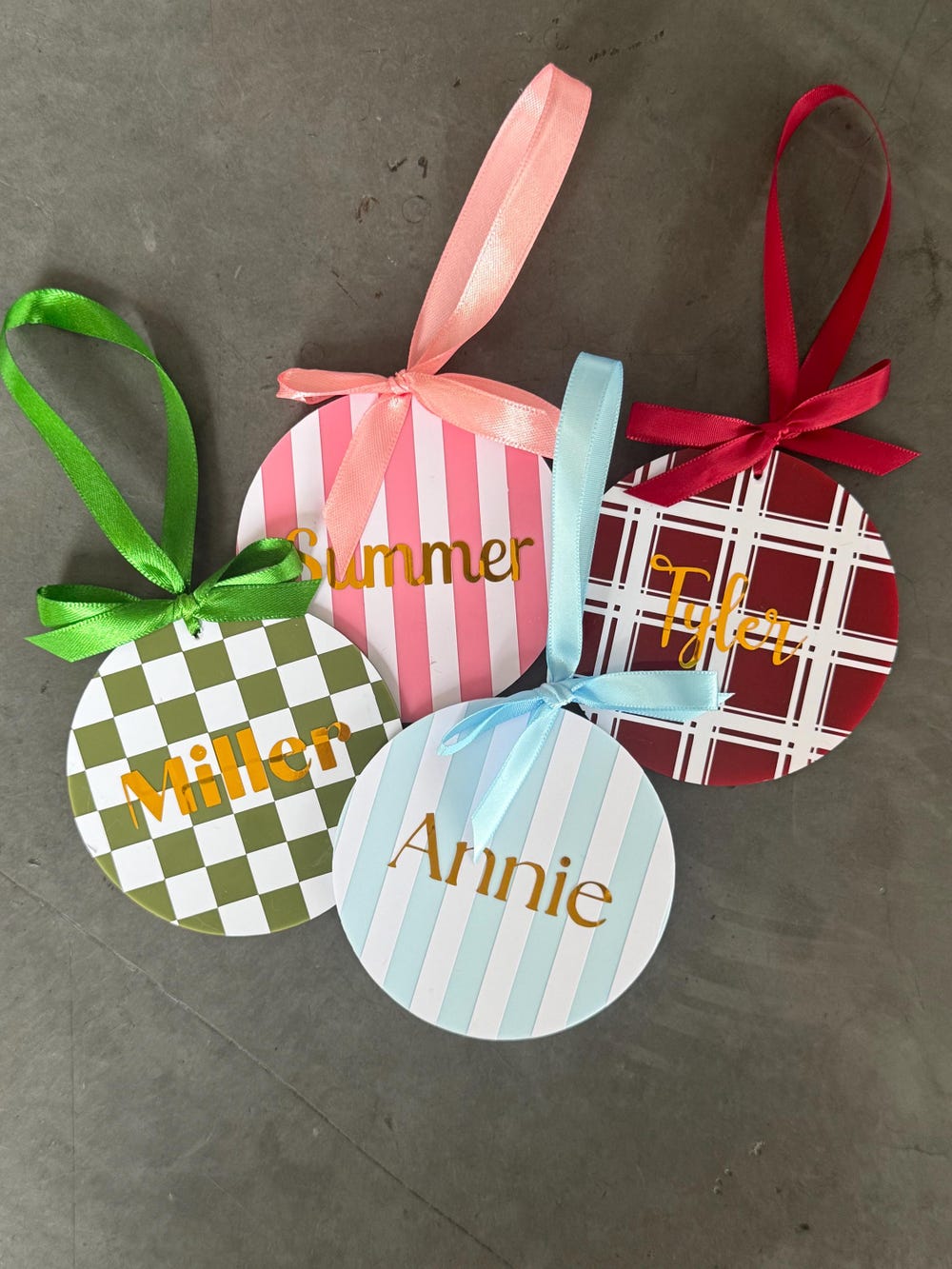 Personalised Acrylic Christmas Ornament in Stripe, Plaid or Check Designs