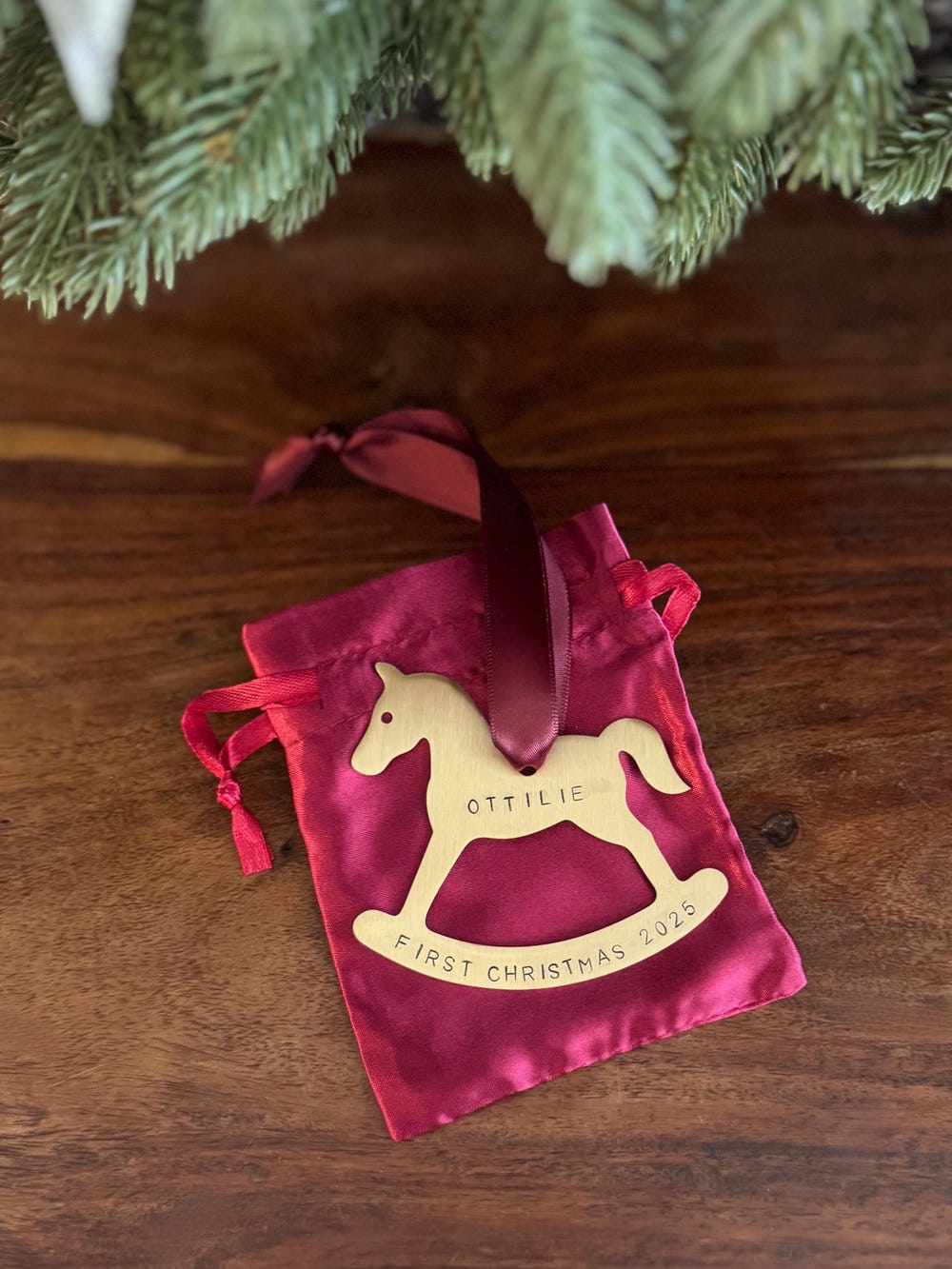 Personalised Hand-Stamped Brass Christmas Rocking Horse Ornament