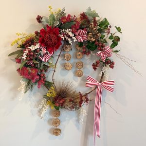 Silk Floral Christmas Wreath with Striped Ribbon