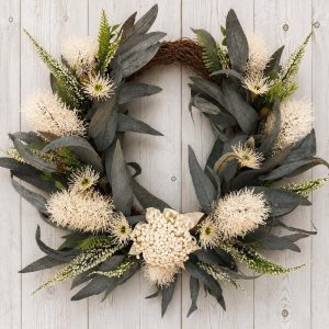 White Australian Native Christmas Wreath with Waratah & Banksia