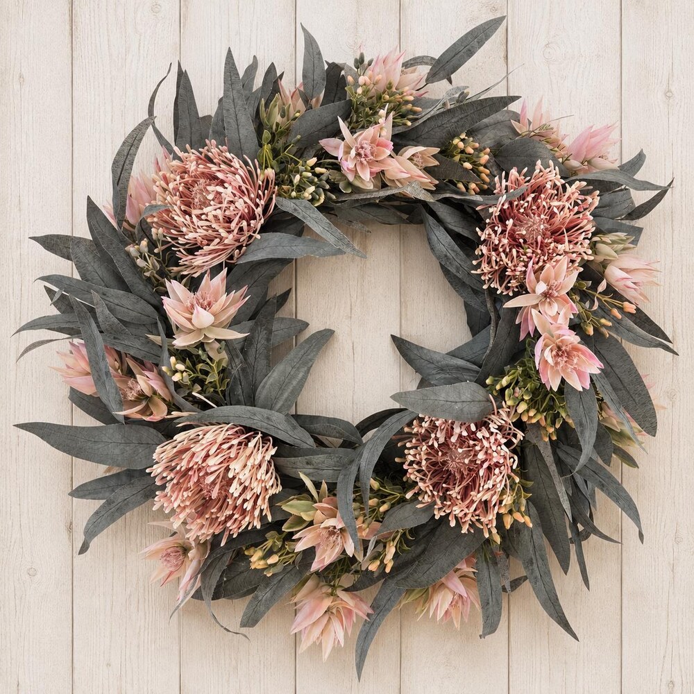 Pink Pincushion Protea & Eucalyptus Christmas Wreath